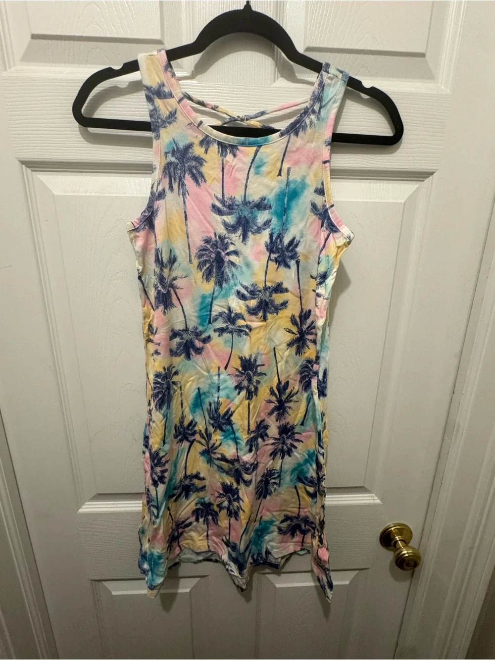 Kids Tropical Palm Print One-Piece Dress - Pink, Blue & Yellow size 14/16